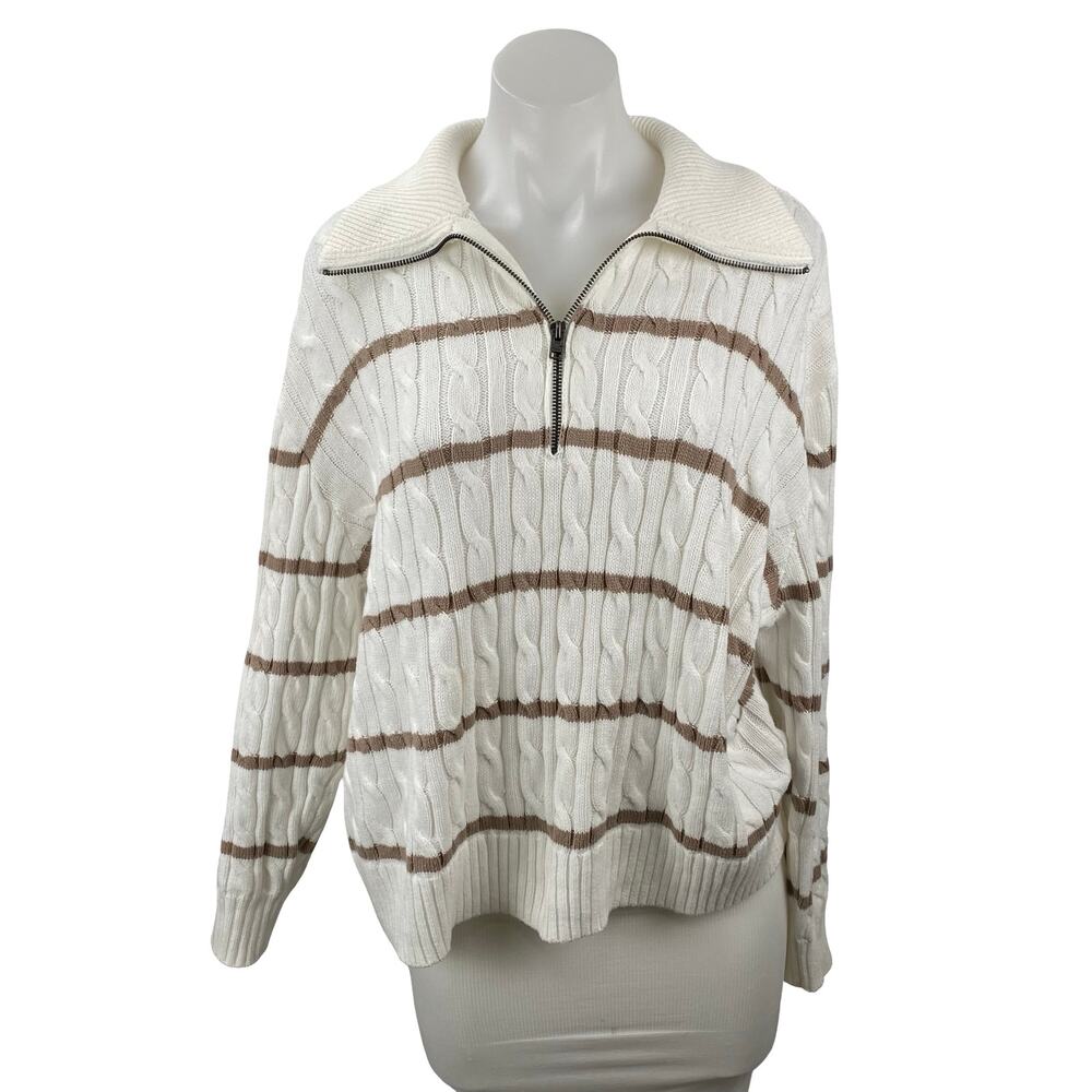Hollister Womens White Brown Cable Knit 1/4 Zip Collared Polo Sweater Top Size S
